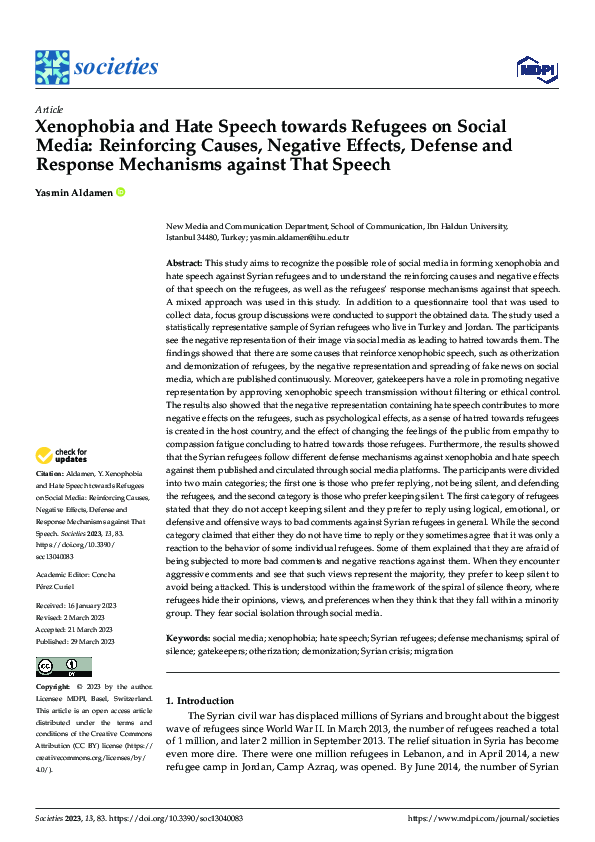 (PDF) Xenophobia and Hate Speech towards Refugees on Social Media ...