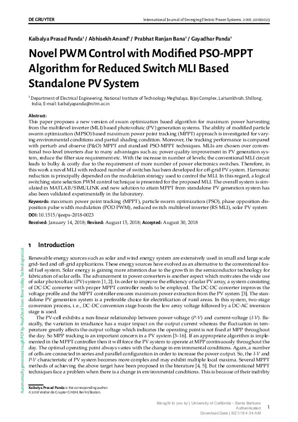 (PDF) Novel PWM Control with Modified PSO-MPPT Algorithm for Reduced ...
