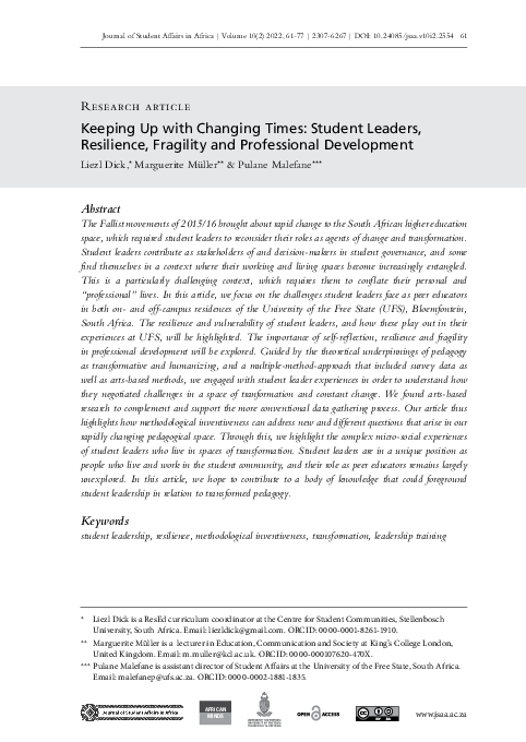 (PDF) Keeping up with changing times: Student leaders, resilience ...