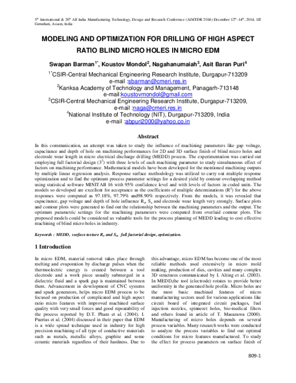 (PDF) Modeling and Optimization for Drilling of High Aspect Ratio Blind