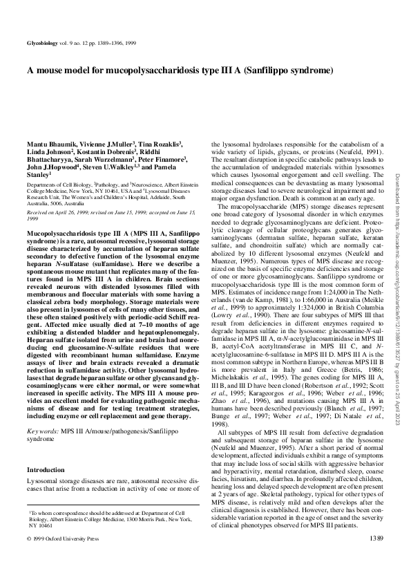 (PDF) A mouse model for mucopolysaccharidosis type III A (Sanfilippo ...