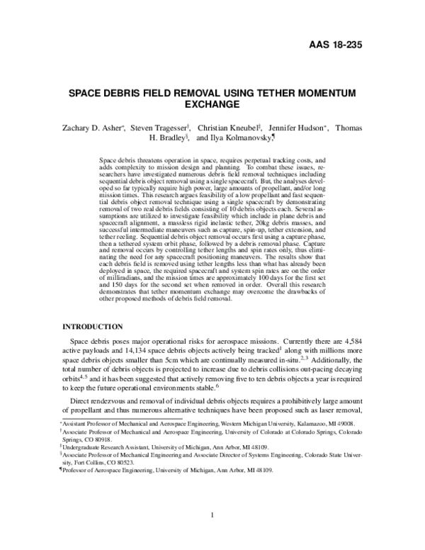 (PDF) Aas 18-235 Space Debris Field Removal Using Tether Momentum Exchange