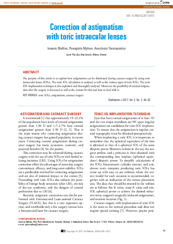 (PDF) Correction of astigmatism with toric intraocular lenses