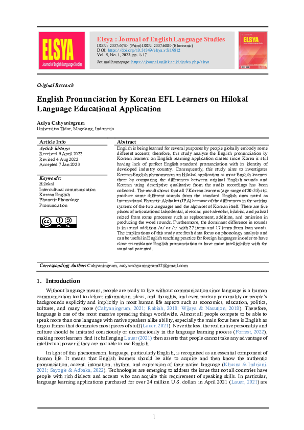 (PDF) English Pronunciation by Korean EFL Learners on Hilokal Language ...