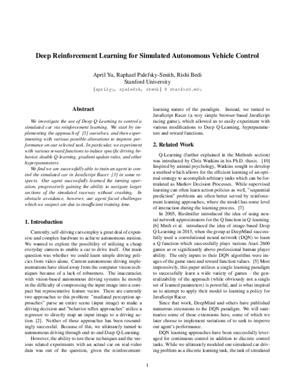 (PDF) Deep Reinforcement Learning for Simulated Autonomous Vehicle Control