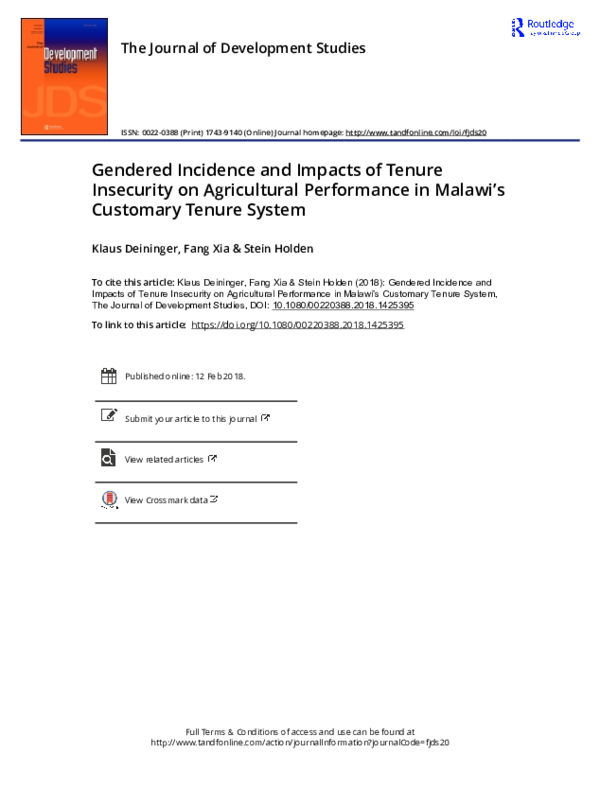 (PDF) Gendered Incidence and Impacts of Tenure Insecurity on ...