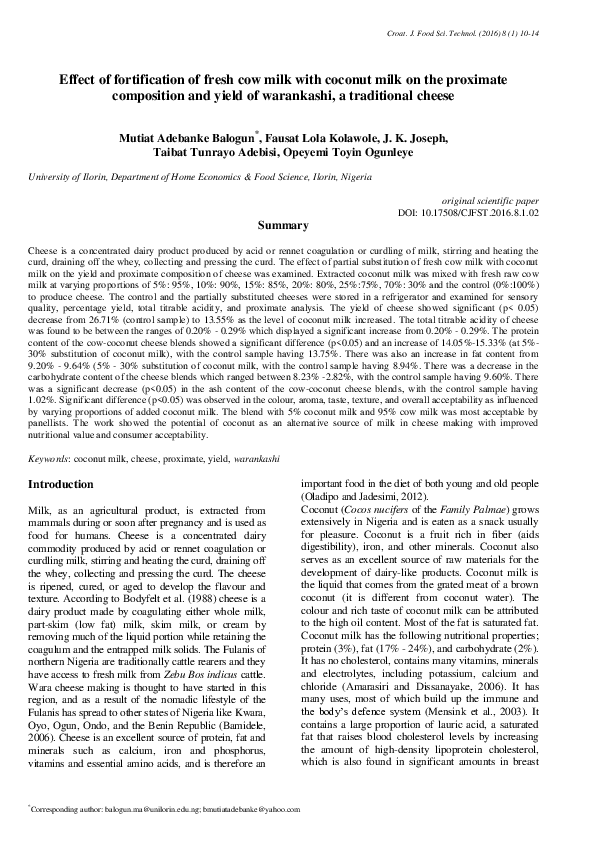 (PDF) Effect of fortification of fresh cow milk with coconut milk on