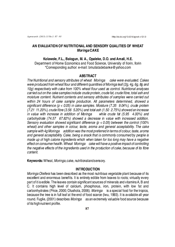 (PDF) An Evaluation of Nutritional and Sensory Qualities of Wheat ...