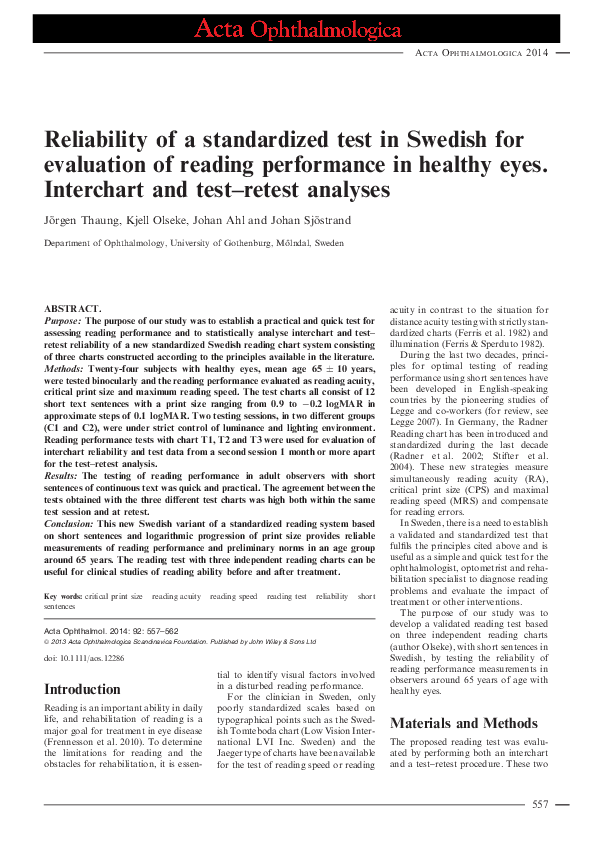 (PDF) Reliability of a standardized test in Swedish for evaluation of ...