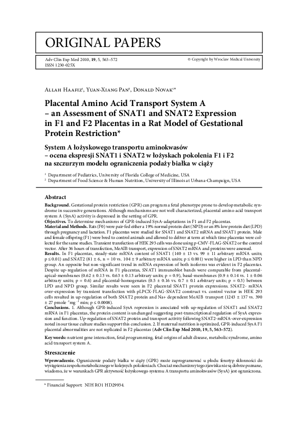(PDF) Placental Amino Acid Transport System A – an Assessment of SNAT 1 ...