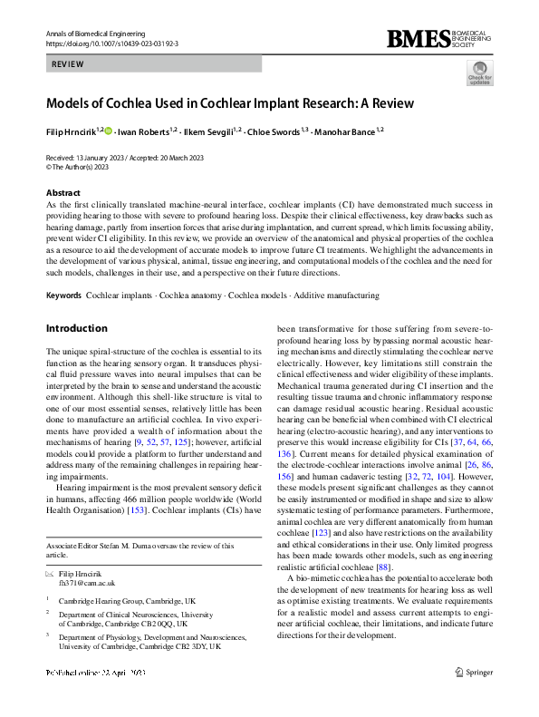 (PDF) Models of Cochlea Used in Cochlear Implant Research: A Review
