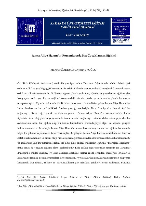 (PDF) Fatma Aliye Hanım’ın Romanlarında Kız Çocuklarının Eğitimi