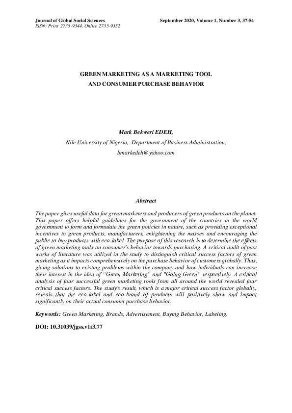 (PDF) Green marketing as a marketing tool and consumer purchase behavior
