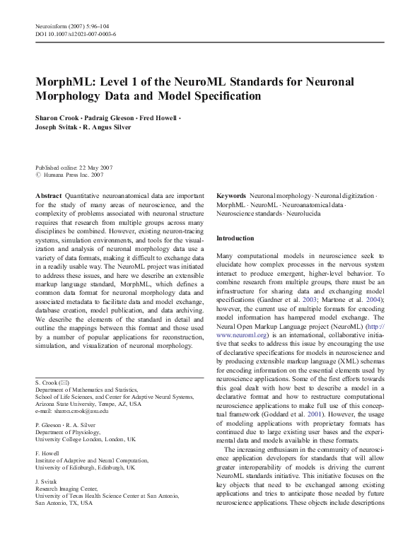 (PDF) MorphML: Level 1 of the NeuroML Standards for Neuronal Morphology ...