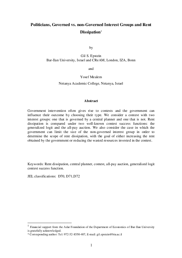 (PDF) Politicians, Governed vs. Non-Governed Interest Groups and Rent ...