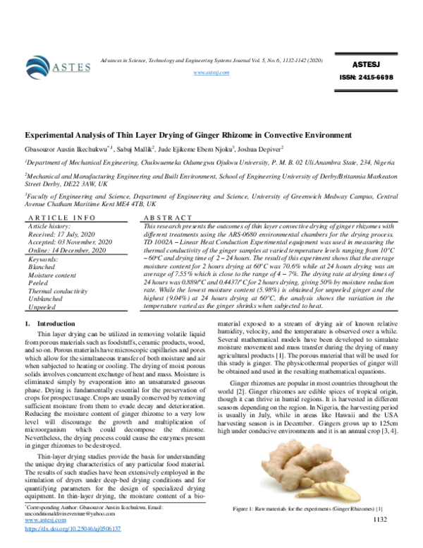 (PDF) Experimental Analysis of Thin Layer Drying of Ginger Rhizome in ...