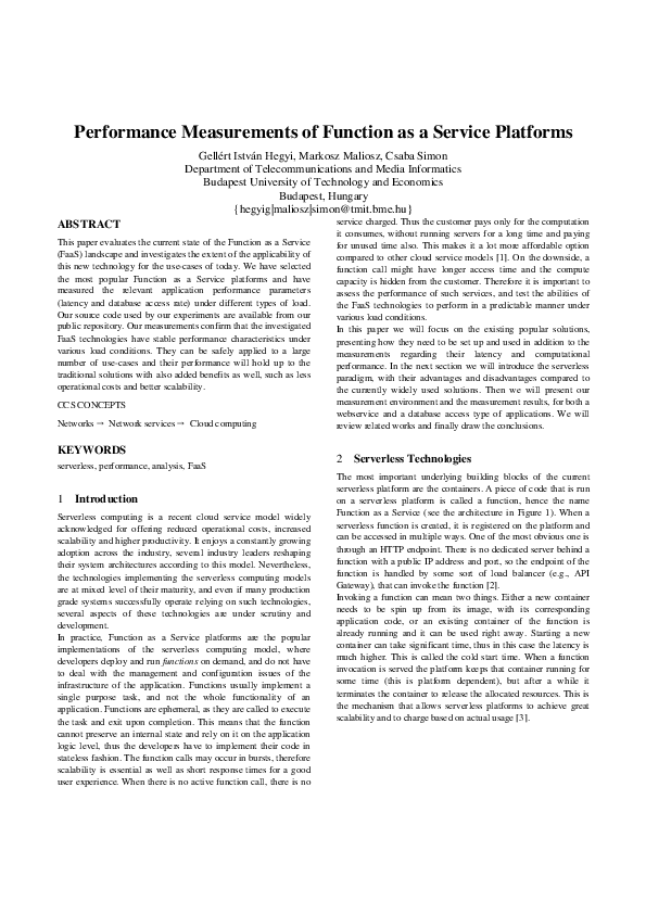 (PDF) Performance Measurements of Function as a Service Platforms