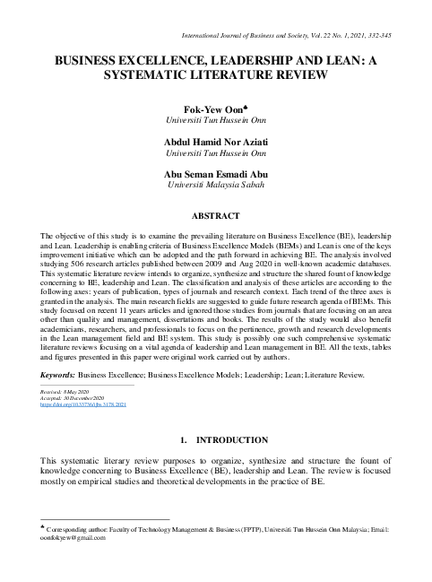 (PDF) Business Excellence, Leadership and Lean: A Systematic Literature ...