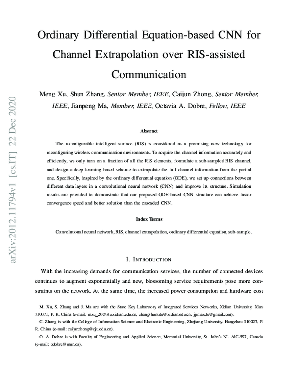 (PDF) ODE-Based CNN for Channel Extrapolation in RIS Communication