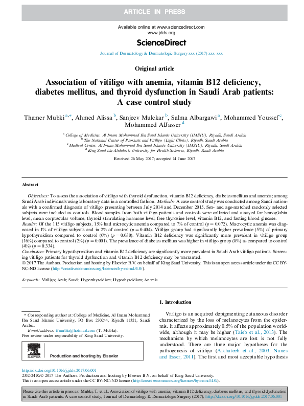 (PDF) Association of vitiligo with anemia, vitamin B12 deficiency