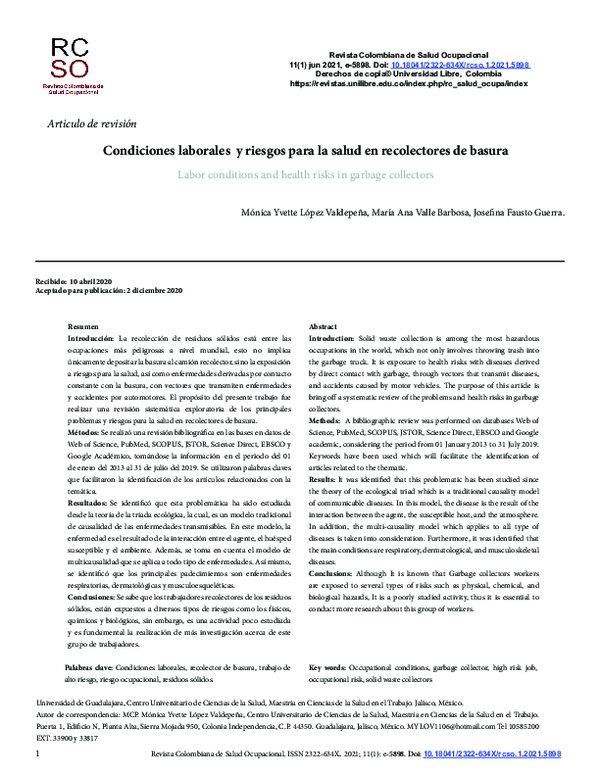 (PDF) Condiciones laborales y riesgos para la salud en recolectores de ...