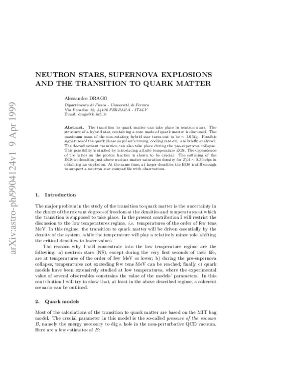 (PDF) Neutron stars, supernova explosions and the transition to quark ...