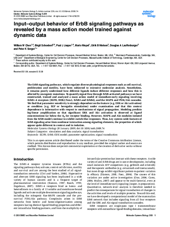 Input–output behavior of ErbB signaling pathways as revealed by a mass action model trained against dynamic data