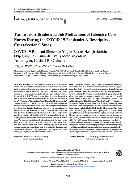 (PDF) Teamwork Attitudes and Job Motivations of Intensive Care Nurses ...