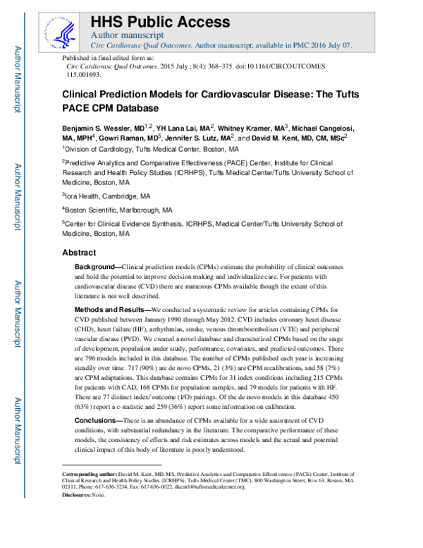 (PDF) Clinical Prediction Models for Cardiovascular Disease