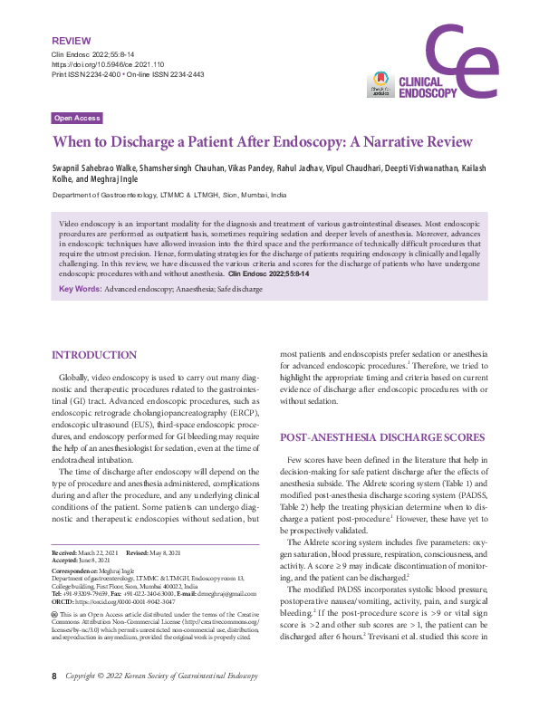 (PDF) When to Discharge a Patient After Endoscopy A Narrative Review