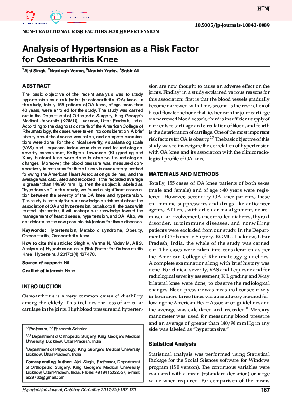 (PDF) Analysis of Hypertension as a Risk Factor for Osteoarthritis Knee