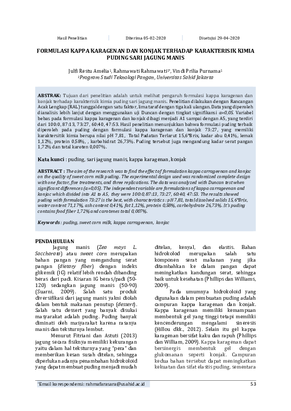 (PDF) Formulasi Kappa Karagenan Dan Konjak Terhadap Karakterisik Kimia Puding Sari Jagung Manis