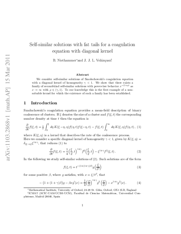 (PDF) Self-similar solutions with fat tails for a coagulation equation ...