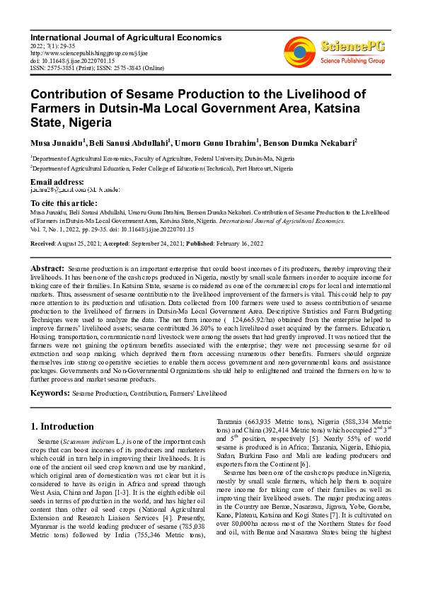 (PDF) Contribution of Sesame Production to the Livelihood of Farmers in