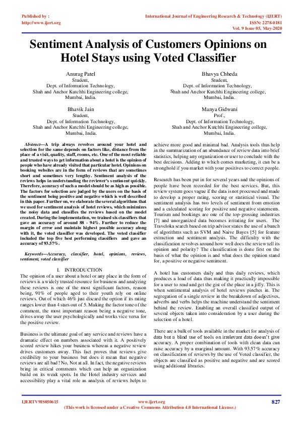 (PDF) Sentiment Analysis of Customers Opinions on Hotel Stays using ...