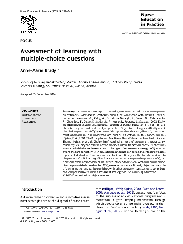 (PDF) Assessment of learning with multiple-choice questions