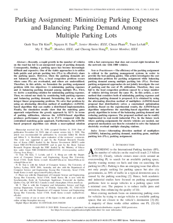 (PDF) Parking Assignment Minimizing Parking Expenses and Balancing