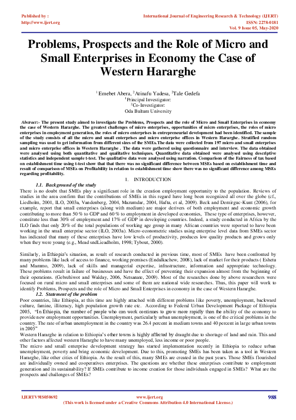Problems, Prospects and the Role of Micro and Small Enterprises in Economy the Case of Western Hararghe