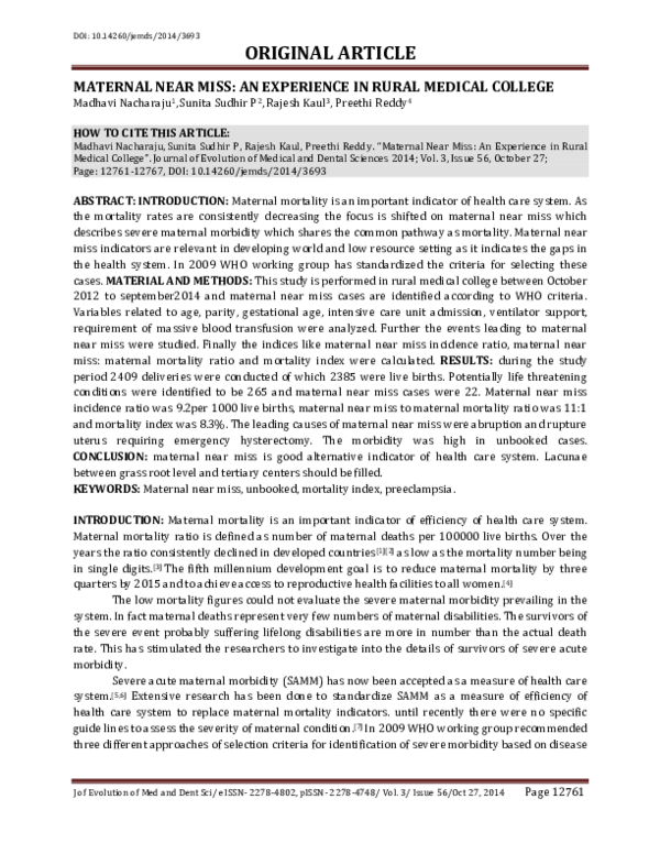 (PDF) Maternal Near Miss: An Experience in Rural Medical College