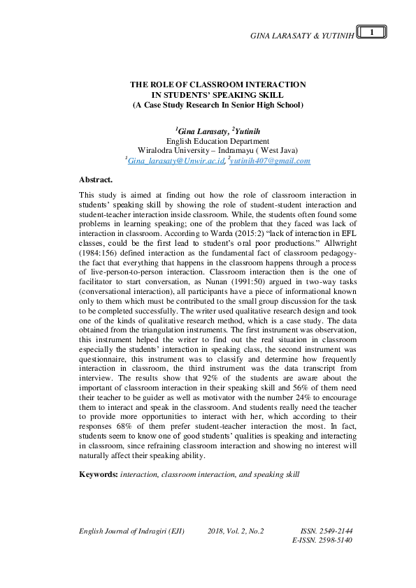 (PDF) THE ROLE OF CLASSROOM INTERACTION IN STUDENTS’ SPEAKING SKILL (A ...