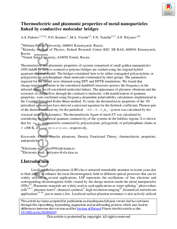 (PDF) Thermoelectric and Plasmonic Properties of Metal Nanoparticles ...