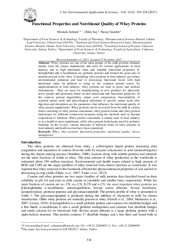 (PDF) Functional Properties and Nutritional Quality of Whey Proteins