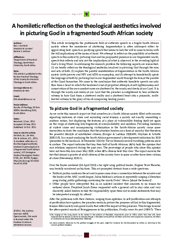 (PDF) A homiletic reflection on the theological aesthetics involved in ...