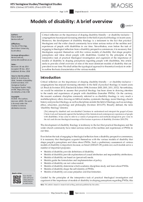 (PDF) Models of disability: A brief overview