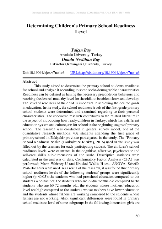 (PDF) Determining Children's Primary School Readiness Level