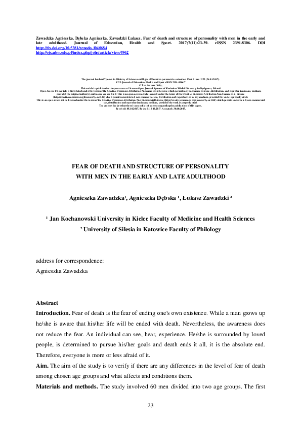 (PDF) Fear of death and structure of personality with men in the early ...