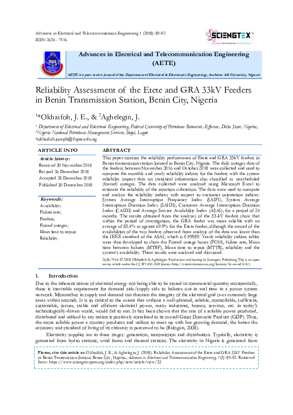 (PDF) Reliability Assessment of the Etete and GRA 33kV Feeders in Benin ...