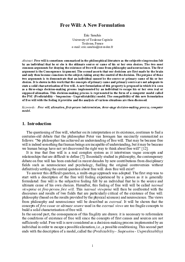 (PDF) Free Will: A New Formulation