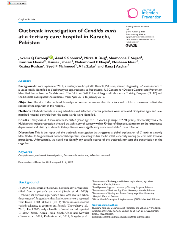 (PDF) Outbreak investigation of Candida auris at a tertiary care ...