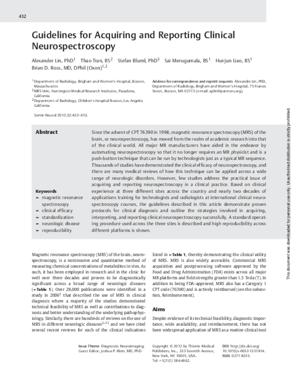(PDF) Guidelines for Acquiring and Reporting Clinical Neurospectroscopy